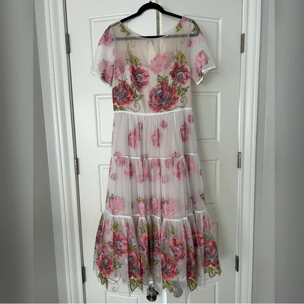 Marchesa Notte Tiered Embroidered Tulle Midi Dress - Picture 4 of 12